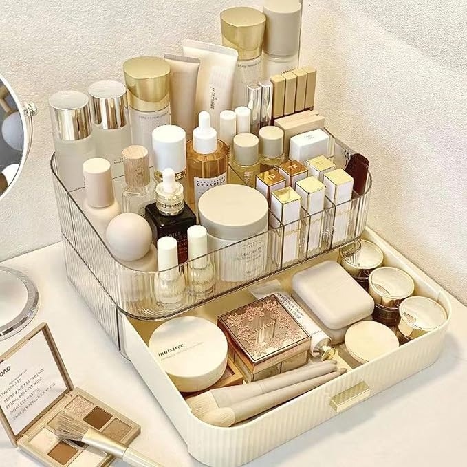 Makeup Organizer with Stackable Drawers, Bathroom Vanity Organizers and Storage, Ideal for Desk and Dresser Countertops, Great for Cosmetics, Skincare, Lipsticks, Nail Care - Cream