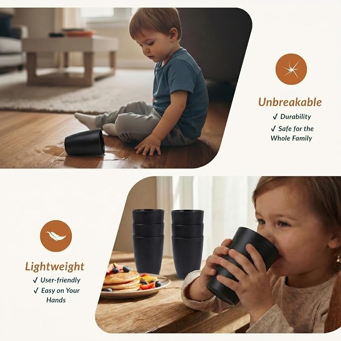 Homienly Wheat Straw Drinkware 12oz Unbreakable Drinking Glasses 6-Piece Stackable Kithen Cups Dishwasher and Microwave Safe Cups for Everyday Family Meals, Entertaining-Black