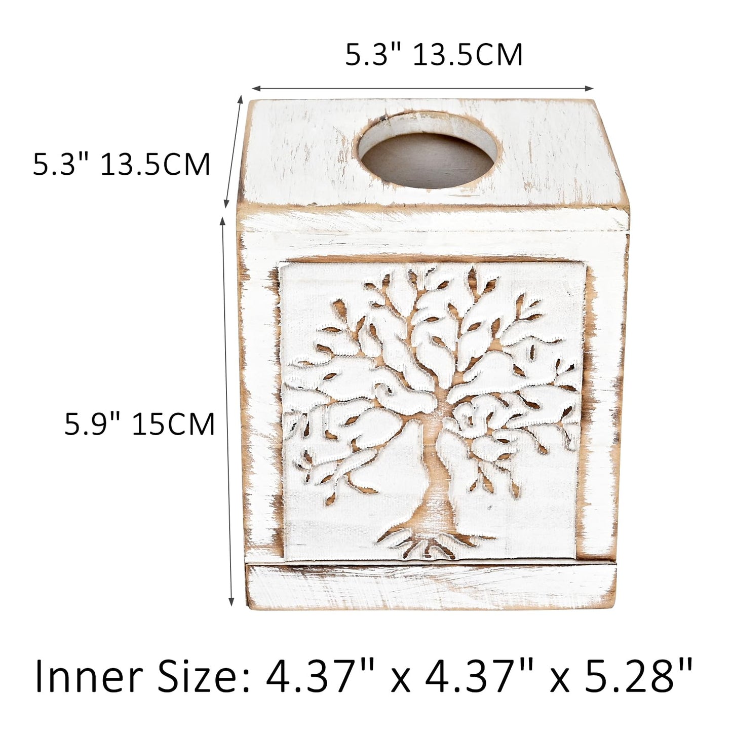 SwallowLiving Wooden Tissue Box Cover Square - Weighted Farmhouse Facial Tissue Holder with Sliding Bottom - Distressed White Tree of Life Dispenser for Bathroom Vanity, Bedroom & Living Room Decor