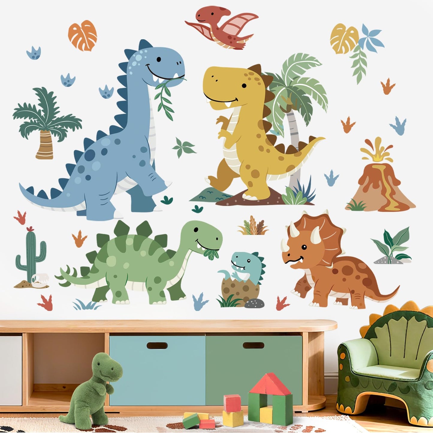 decalmile Boho Dinosaur Wall Decals Dino Tropical Plants Palm Tree Volcano Wall Stickers Boys Bedroom Toddler Kids Room Baby Nursery Home Décor