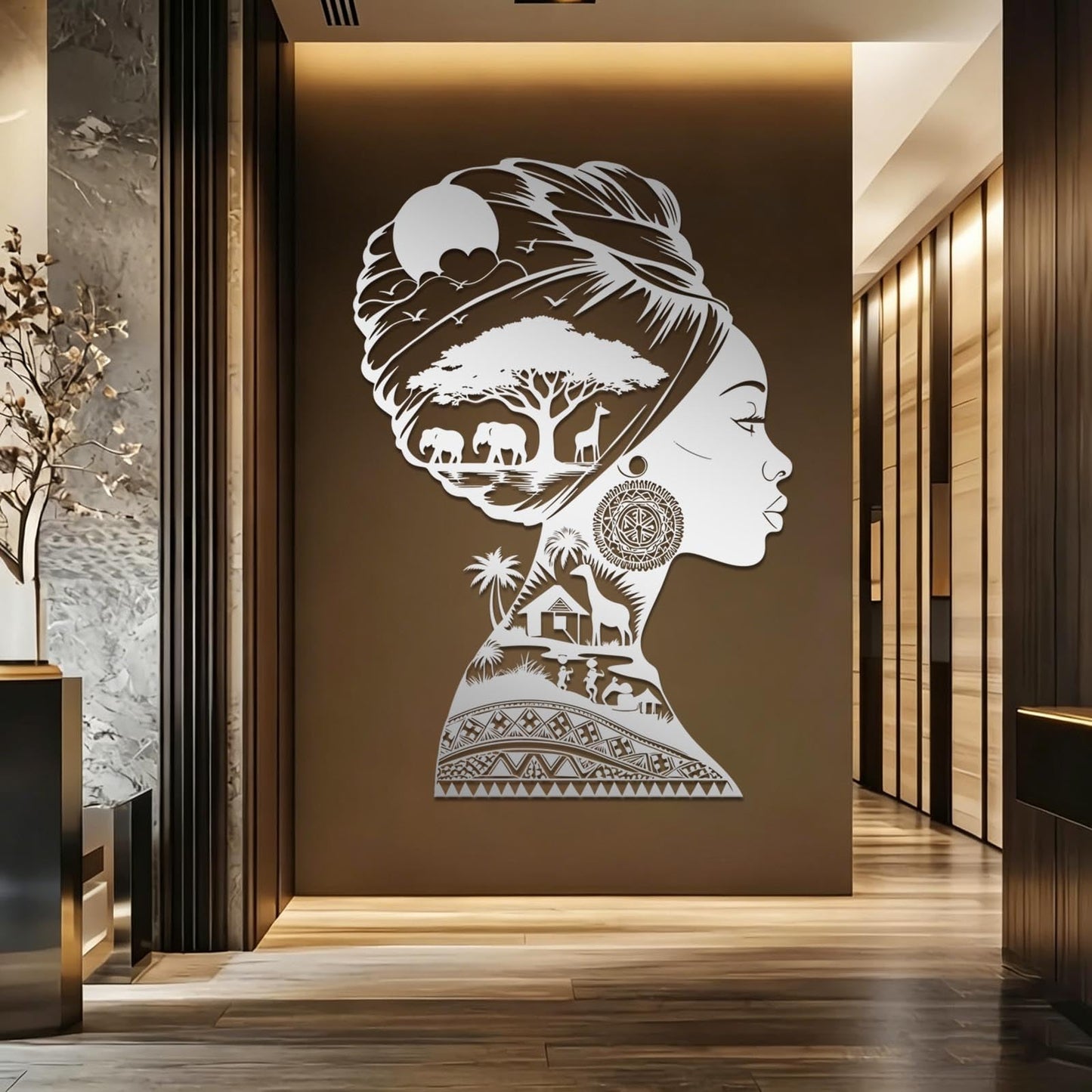 EUSTUGO African Woman Metal Wall Art, African Animals Metal Wall Art, Africa Jungle Wall Decor, Safari Decor, Black Women Silhouette Home Decoration for Living Room (Gold 1, 48"x33"/121x83cm)