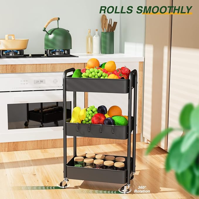 LEHOM 3 Tier Rolling Cart, Metal Rolling Utility Cart with Lockable Wheels & Hooks, Multi-Functional Heavy Duty Storage Cart Organizer for Bathroom, Kitchen, Office, Living Room