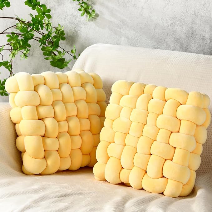 Wenqik 2 Pcs Knot Pillows Square Knotted Plush Throws Soft Accent Pillows Decoration Cushion for Couch Home Office Living Room Bedroom Bed Sofa Decor, 12'' x 13''(Goose Yellow,Crystal Velvet)
