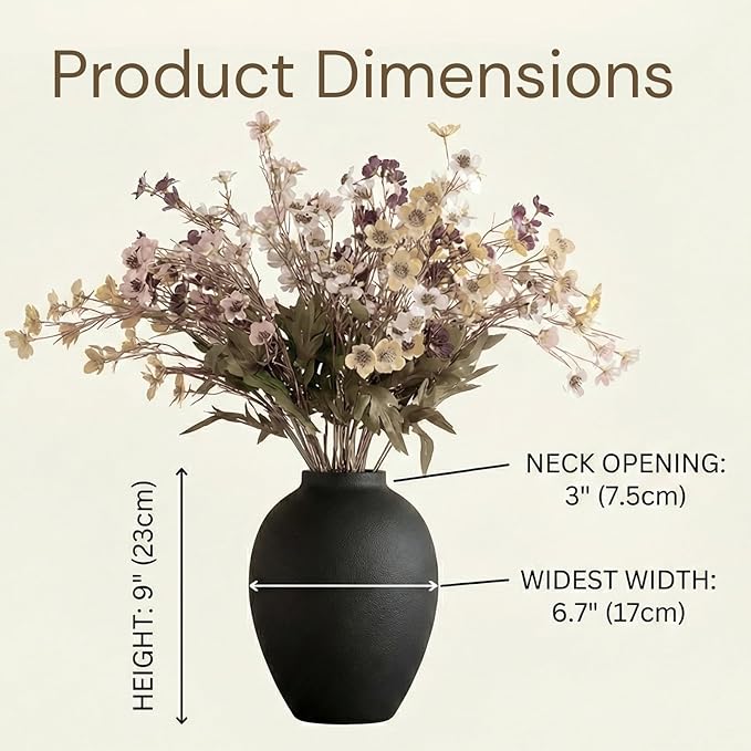 Black Vase for Home Decor - Tall Ella Flower Vase for Centerpieces, Table & Mantel Decorations - Large Round Iron Vase 9 Inch - Matte Black Vases for Flowers & Pampas Grass