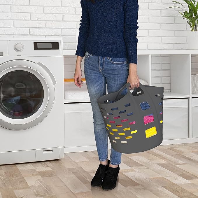Clorox Flexible Laundry Basket - Plastic Hamper for Clothes, Bedroom, and Storage - Portable Round Bin with Carry Handles, 1 Bushel, Grey