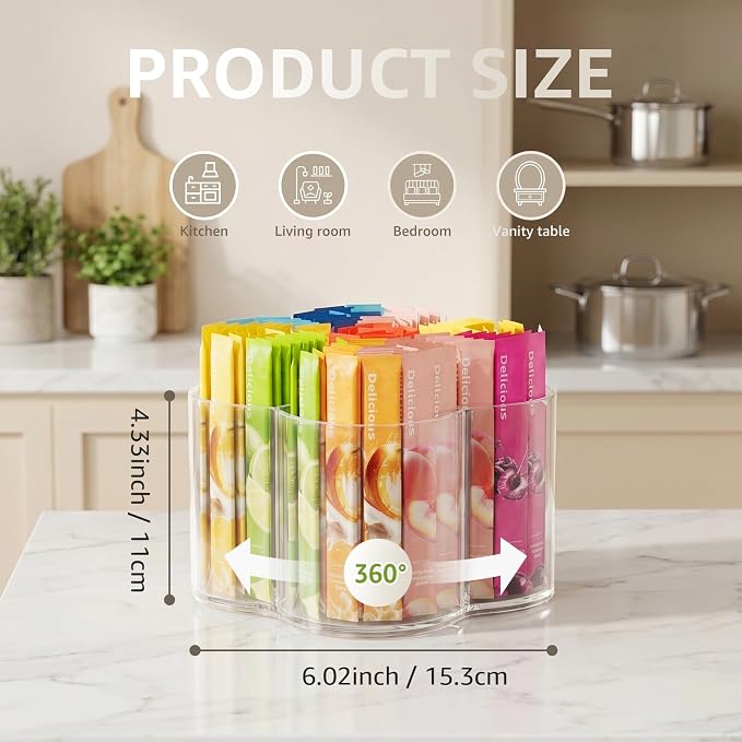 Drink Packet Organizer for Powdered Drink Mix, Divided Rotating Lazy Susan for Powder Packet, Clear Turntable Organizer Tray for Water Flavor Packets, Powder Mixes