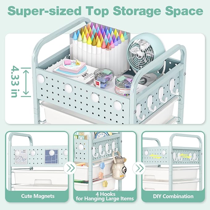 4 Drawer Rolling Storage Cart with Pegboard Top and Hooks, Mobile Organizer Cart with Wheels for Office Supplies, Craft Storage, Classroom Organization, Home Utility Cart, Green