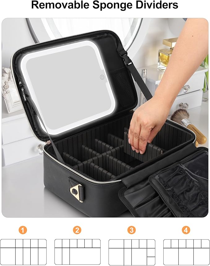 Relavel Makeup Train Case With LED Mirror, Professional Travel Cosmetic Bag with Removable Partitions,Compact Makeup Organizer, Waterproof Toiletry Case for Women, Black