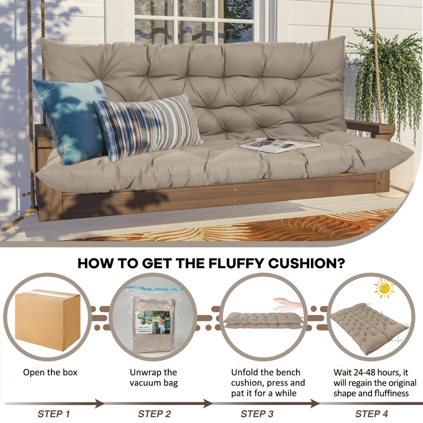 HIYEN Porch Swing Cushions 3 Seater Replacement, Waterproof Bench Cushions for Outdoor Furniture with Backrest, 4" Thickened Patio Swing Cushion with Ties (Khaki, 60 * 40 inch)