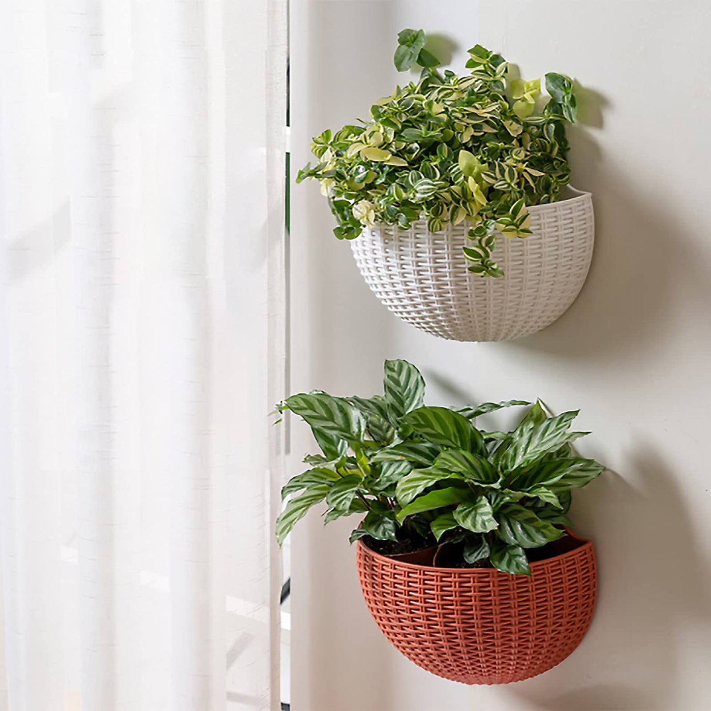Hanging Planter Pot, Wall and Railing Hanging Planters with S Hooks, Half Round Imitation Rattan European Style Wall Flowerpot Rustic Decorative Flower Basket for Home(#2pcs 26 * 20.5cm Wine red)