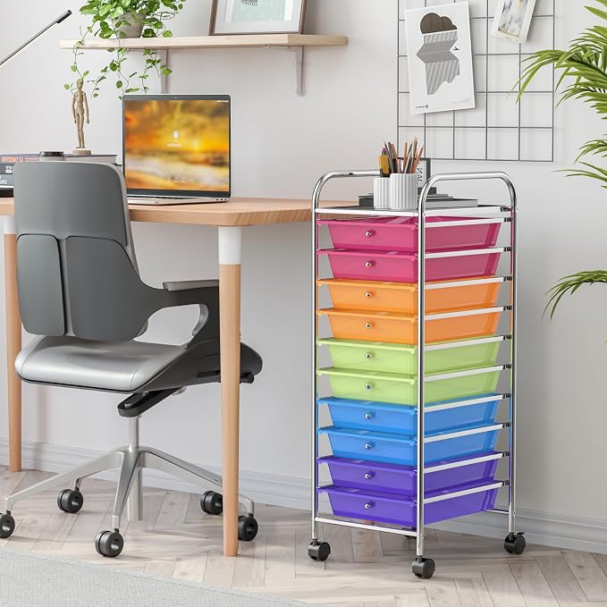 MEDIMALL 10 Drawers Rolling Storage Cart, Multipurpose Craft Storage Cart with Wheels, Mobile Tools Scrapbook Paper Organizer Cart for Office School Home Use (Rainbow)