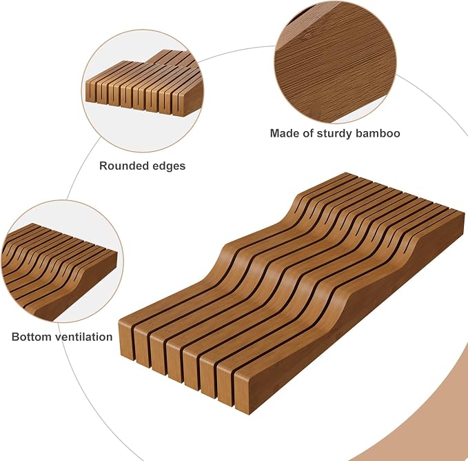 In-Drawer Knife Block Organizer - Bamboo Wood Drawer Knife Organizer-Protecting Knife Organizer Block (Not Included) (Brown, 15 Knives Dock)
