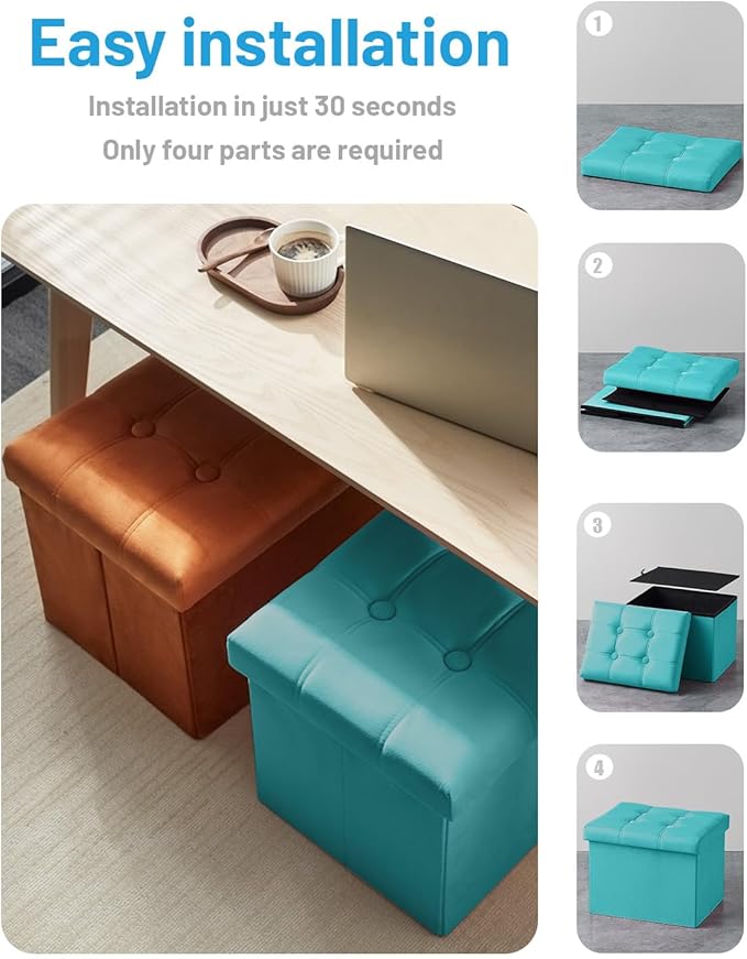 AmasSmile Storage Ottoman Foot Rest Stool, 17 inch Velvet Footstool Bench, Short Ottomans Stool, Small Folding Storage Ottoman Store Books, Records, Teal