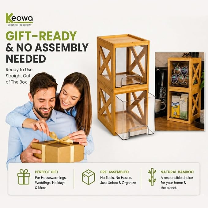 Stackable Bamboo Snack Drawer Organizer (2 Pack) – Pull-Out Storage Bins with Clear Acrylic Drawers – Pantry Storage for Snacks, Coffee Pods, Spices & K-Cups