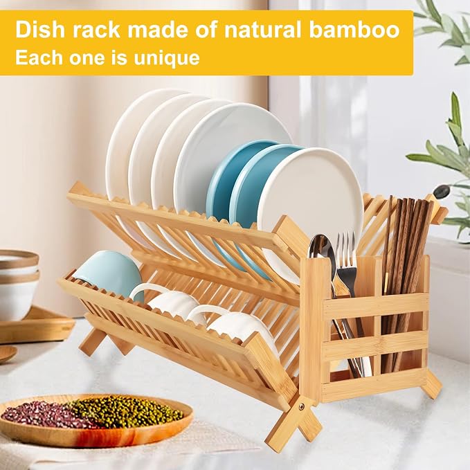 Tefola Bamboo Dish Drying Rack, 2-Tier Foldable Design with Utensil Holder, Kitchen Plate Rack Dish Drainer Rack Dish Racks for Kitchen Counter, 16.5 x 17 inches