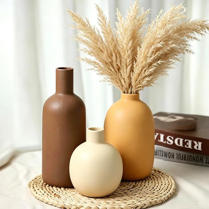 Ceramic Vase Set of 3, Brown Large Rustic Vases for Farmhouse Decor, Pampas Grass & Dried Flowers and Table Living Room Home Decor
