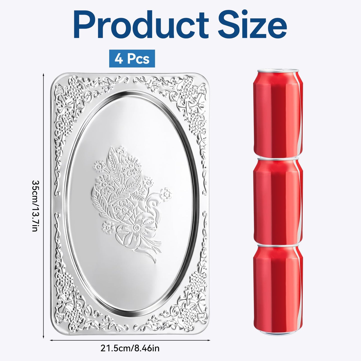 4 Pcs Silver Serving Trays Set 13.8" x 8.5" Small Stainless Steel Serving Tray Oval Floral Engraved Tray Heavy Duty Metal Serv ing Trays for Coffee Table, Bar, Party, Club, Home