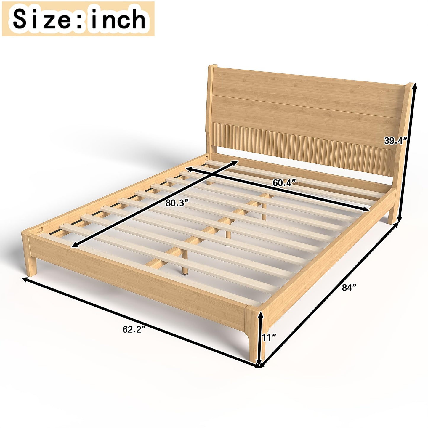 Bellemave Queen Bed Frame with Headboard, Solid Bamboo Platform Bed Frame & Wood Slats Support 800LBS, Japanese Bed Frame Queen Size, No Box Spring Needed, Easy Assembly, Noise Free, Natural