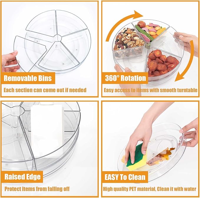Clear Lazy-Susan Organizer with 5-Removable-Bins - 11 Inch Round Plastic Rotating Storage Container for Cabinet, Pantry, Kitchen, Fridge, Vanity
