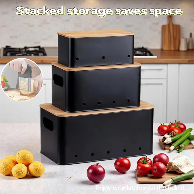 Modern kitchen storage container, stacked metal storage box, 3-piece set with wooden lid design, onion, garlic, potato metal cans, breathable storage box (Black)