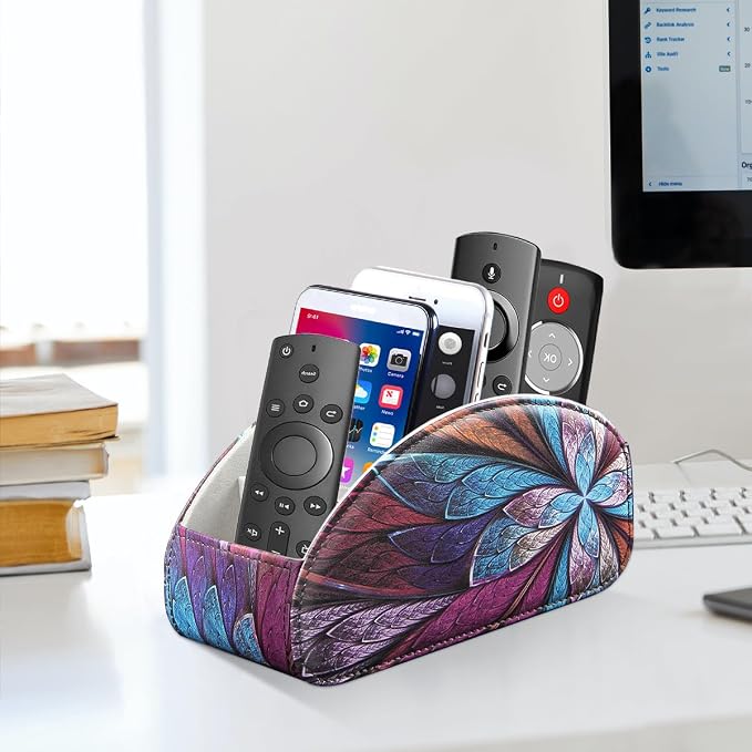 YAPISHI Remote Control Holder, 5 Compartments TV Remote Holder Caddy for Table, Nightstand Organizer for Remotes/Media Controllers/Office Supply, Bedside Decorations for Living Room， PU Leather