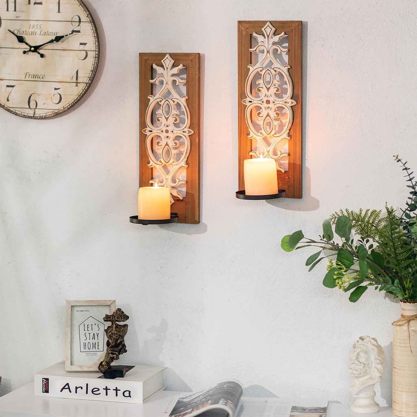 Farmhouse Wood Candle Sconces Wall Decor - Set of 2 Walasis Rustic Wall Candle Holder Decorative Carved Brown Candle Sconce Farmhouse Art Distressed Pillar Candles Holder for Fireplace Decor