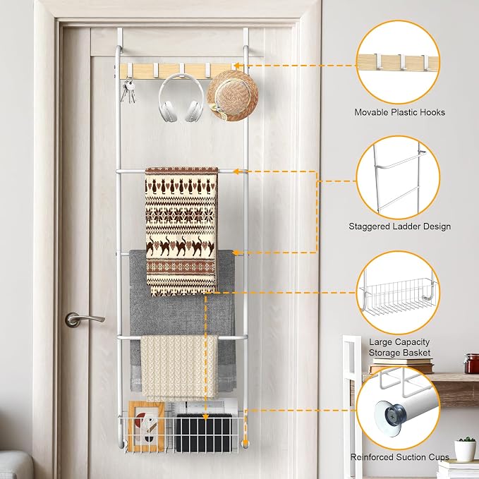 Over The Door Towel Rack,5-Tier Over Door Towel Racks for Bathroom,Towel Rack with Hooks and Basket Door Hanging,Blanket Ladder for Living Room White