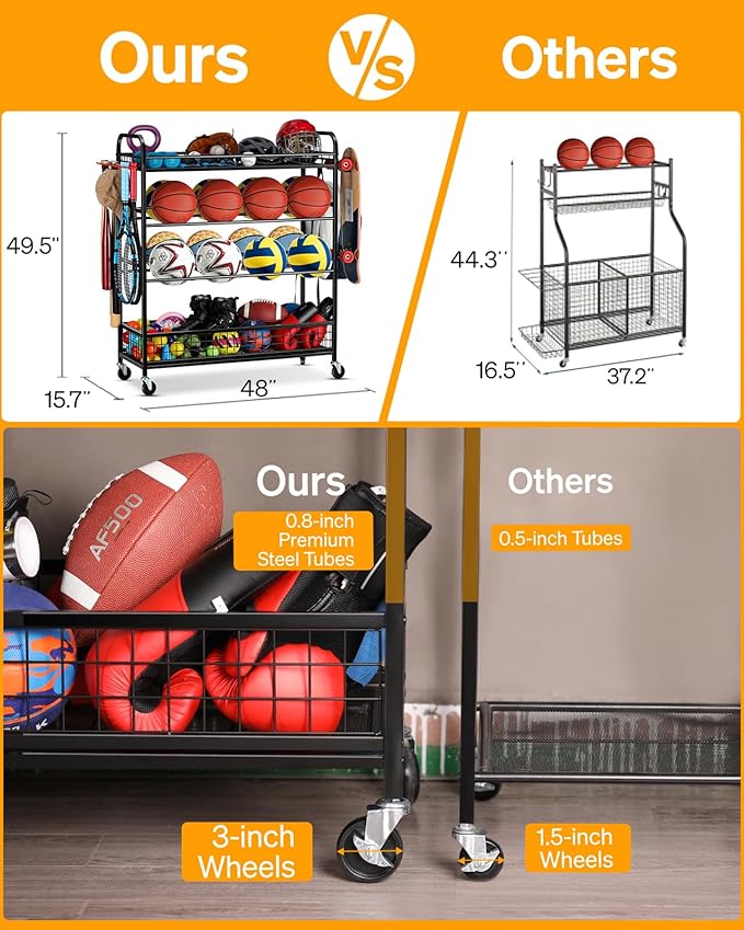Garage Sports Equipment Organizer - Rolling Ball Storage Bin with Wheels, Garage Sports Gear Rack Outdoor Basketball Racks for Balls with Baseball Bat Holder and Hooks, Toy Organizer