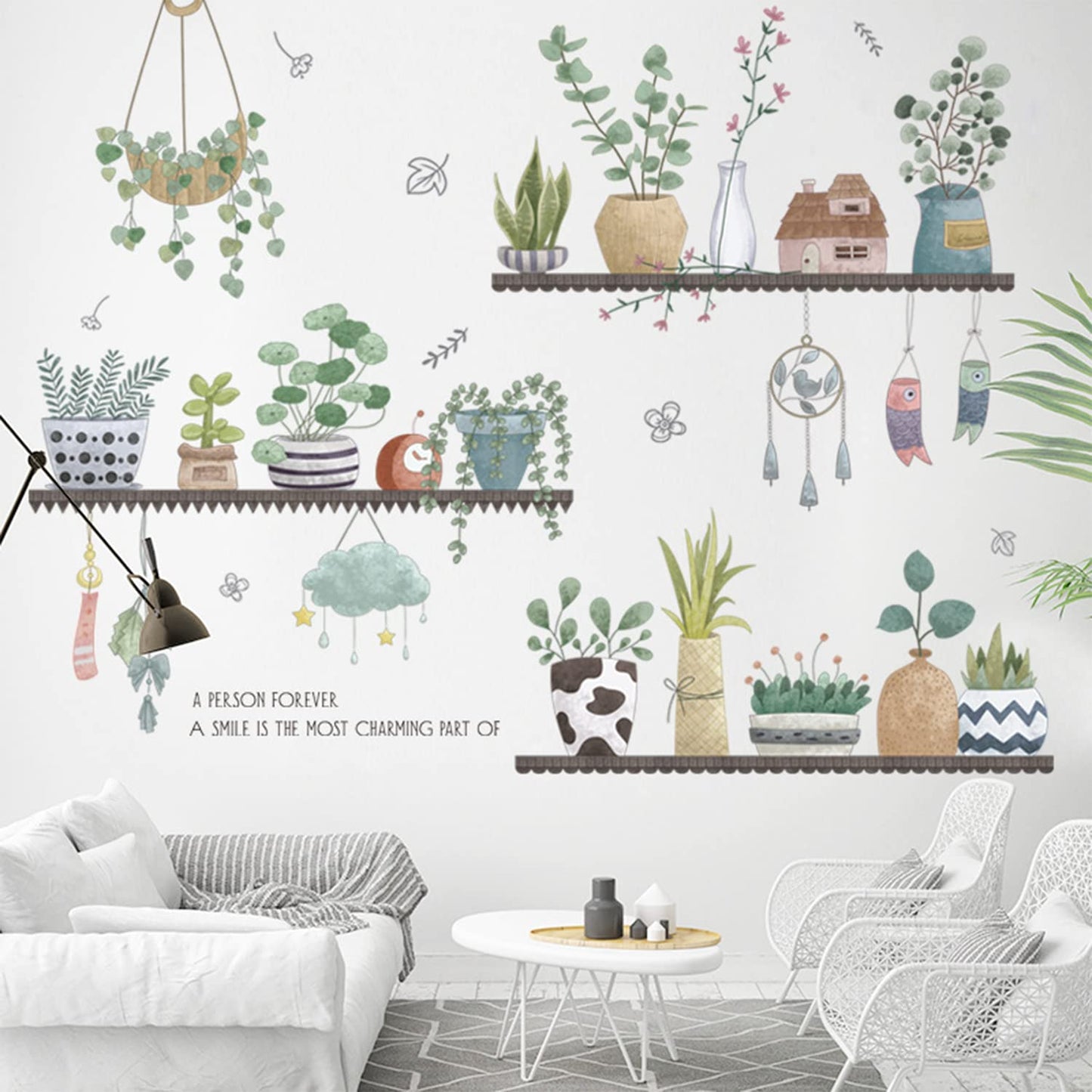 Arawat 2 Set Plant Wall Decals Kitchen Stickers Decor Murals for Bedroom Living Room Bathroom Art Decal Boho Hanging Shelves Tree Wall Art 3D Peel and Stick
