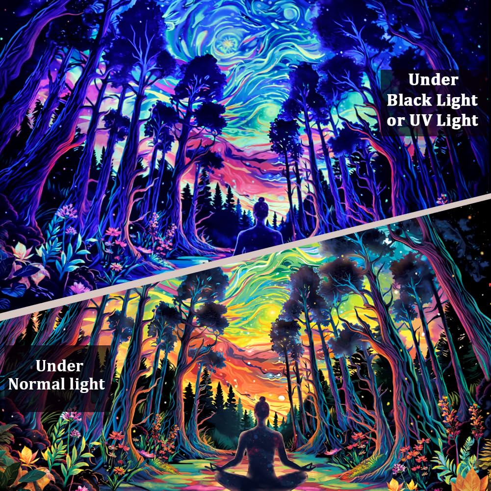 Heopapin Blacklight Psychedelic Forest Meditation Tapestry UV Reactive Cosmic Galaxy Starry Sky Wall Art Tapestry Trippy Yoga Spiritual Chakra Wall Hanging Tapestries for Home Decor 59.1L x 51.2W