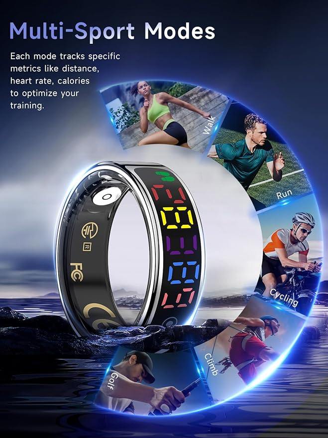 Smart Ring for Women Men, Health Ring with Colorful Display, Fitness Tracker with Heart Rate, Blood Oxygen, Sleep Monitor, No Subscription Fee, 5ATM Waterproof for iPhone & Android (Black, 8)
