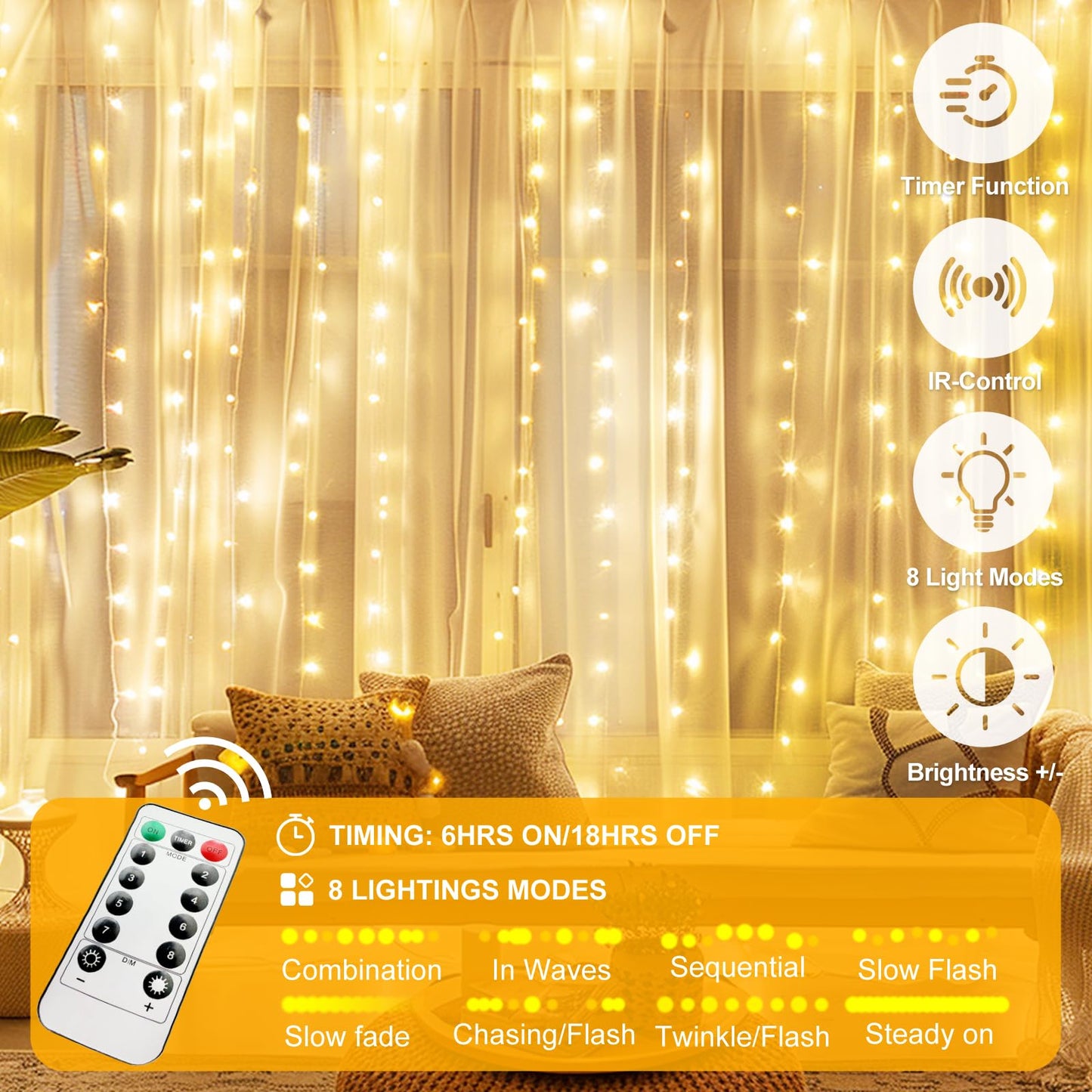 HOLITS 200 LED Fairy Curtain Lights, 6.6 x 6.6 FT Warm White USB Plug in 8 Modes Hanging Lights with Remote for Christmas, Bedroom, Indoor, Outdoor, Weddings, Party (Warm White)