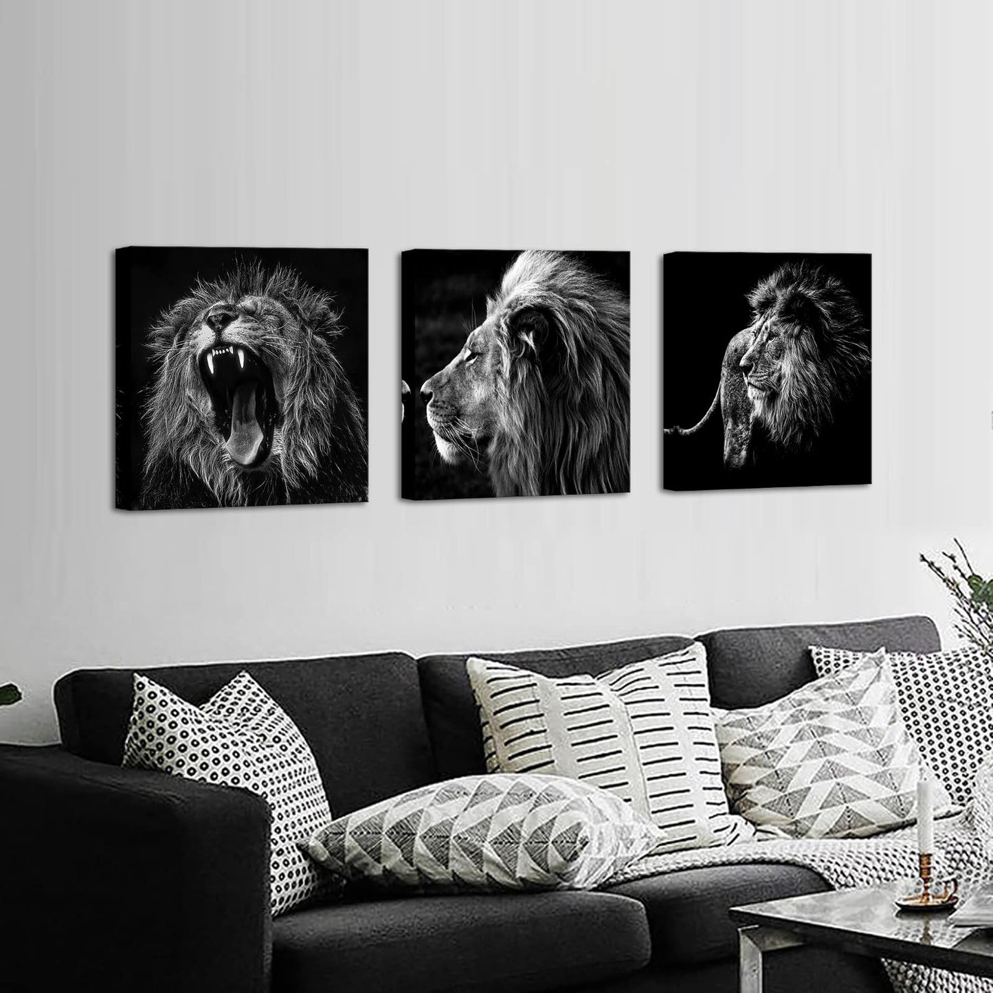 KREATIVE ARTS - 3 Panels Lion King Black and White Canvas Prints Wall Art Modern Painting Wall Pictures for Living Room Office Decoration Ready to Hang (12x12inchx3pcs/set)