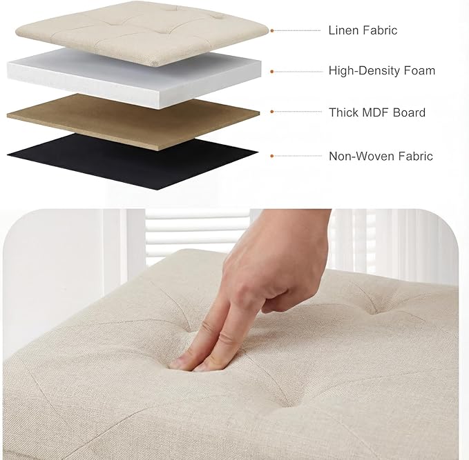 Sweetcrispy 30 Inch Folding Storage Ottoman Bench, Large Hidden Storage Chest with Padded Seat, Foot Rest Stool Supports Up to 660Lbs, End of Bed Bench for Bedroom, Living Room, Linen Fabric, Beige
