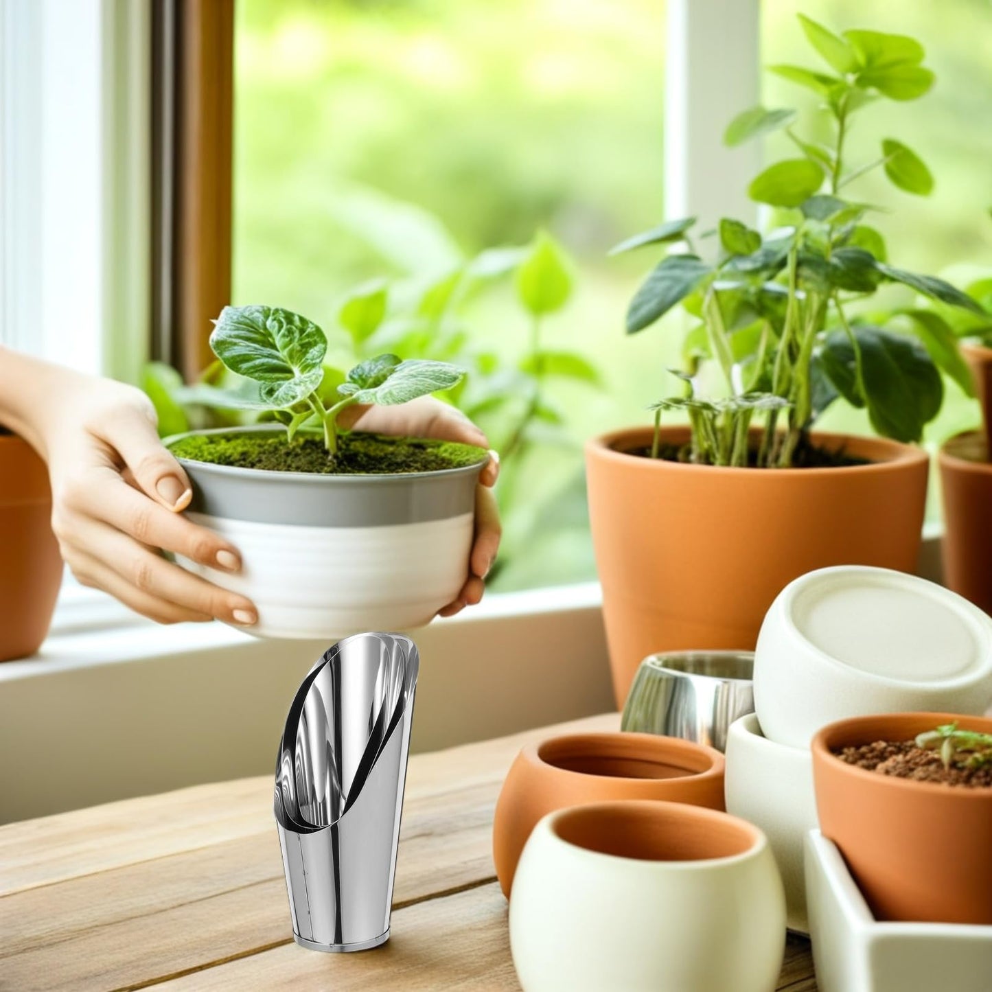 OATIPHO 3pcs Stainless Steel Soil Scoop Set Garden Bucket Shovels for Bonsai Succulents Planting Gardening Hand Tools with Large Medium Small Cups