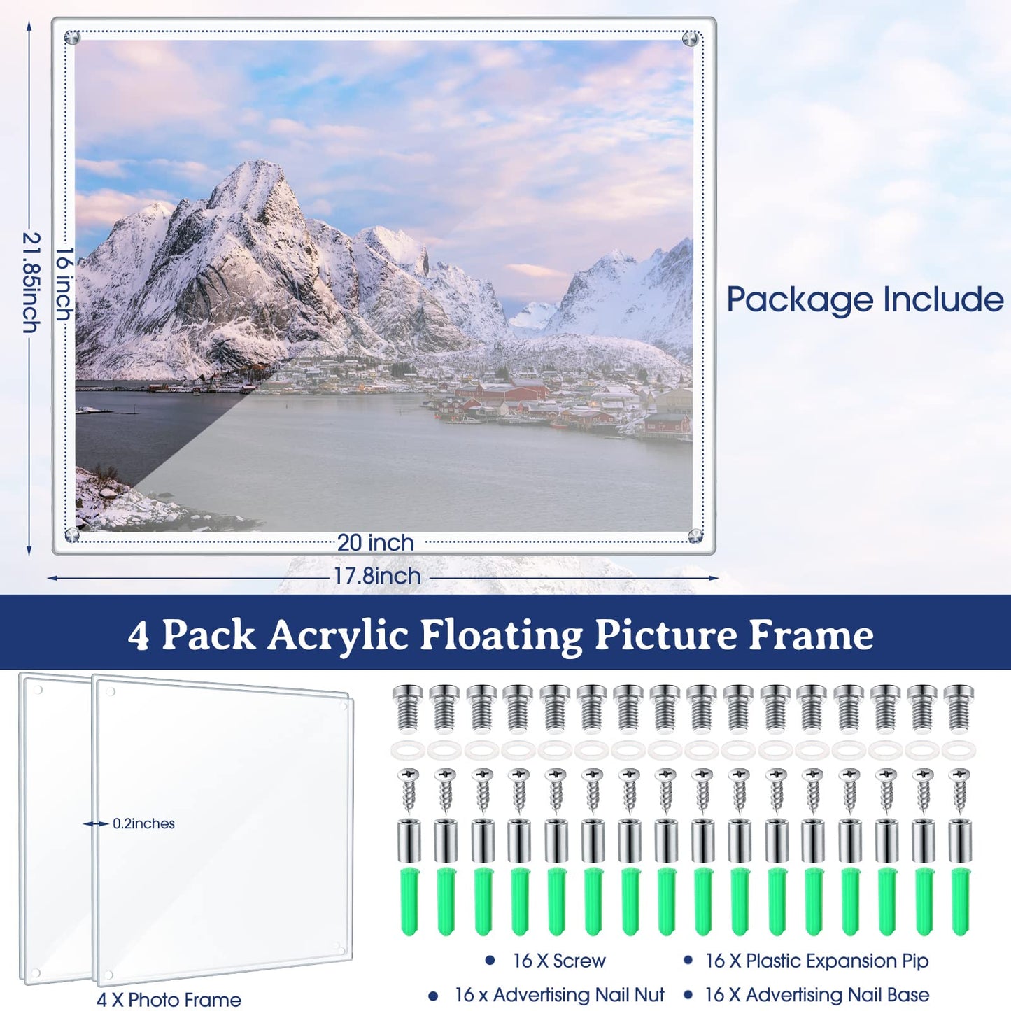 Chunful 4 Pack Clear Acrylic Wall Mount Floating Frameless Picture Frame Display Photo Frame Bulk for Poster Photography Office Room Decor (16 x 20 Inch)