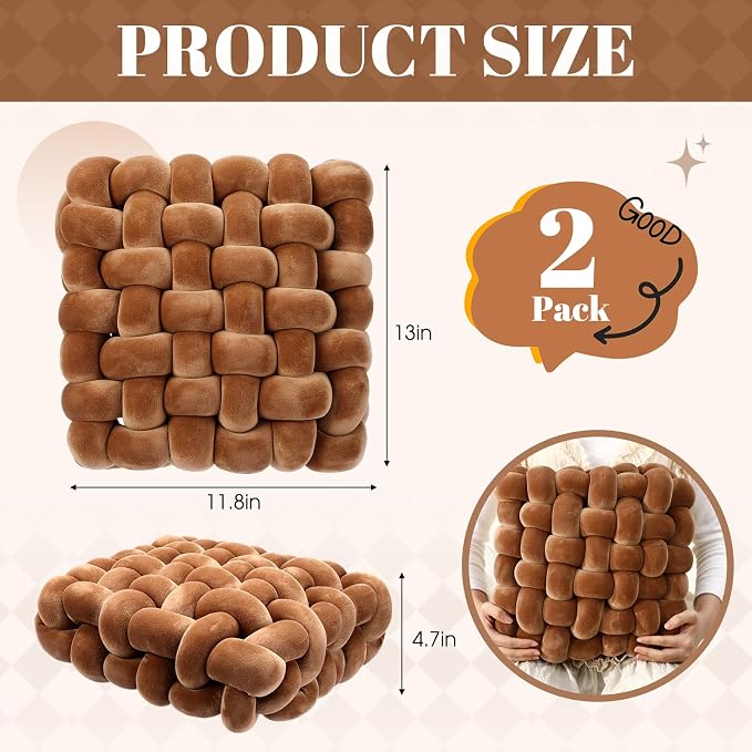 Wenqik 2 Pcs Knot Pillows Square Knotted Plush Throws Soft Accent Pillows Decoration Cushion for Couch Home Office Living Room Bedroom Bed Sofa Decor, 12'' x 13''(Brown,Crystal Velvet)