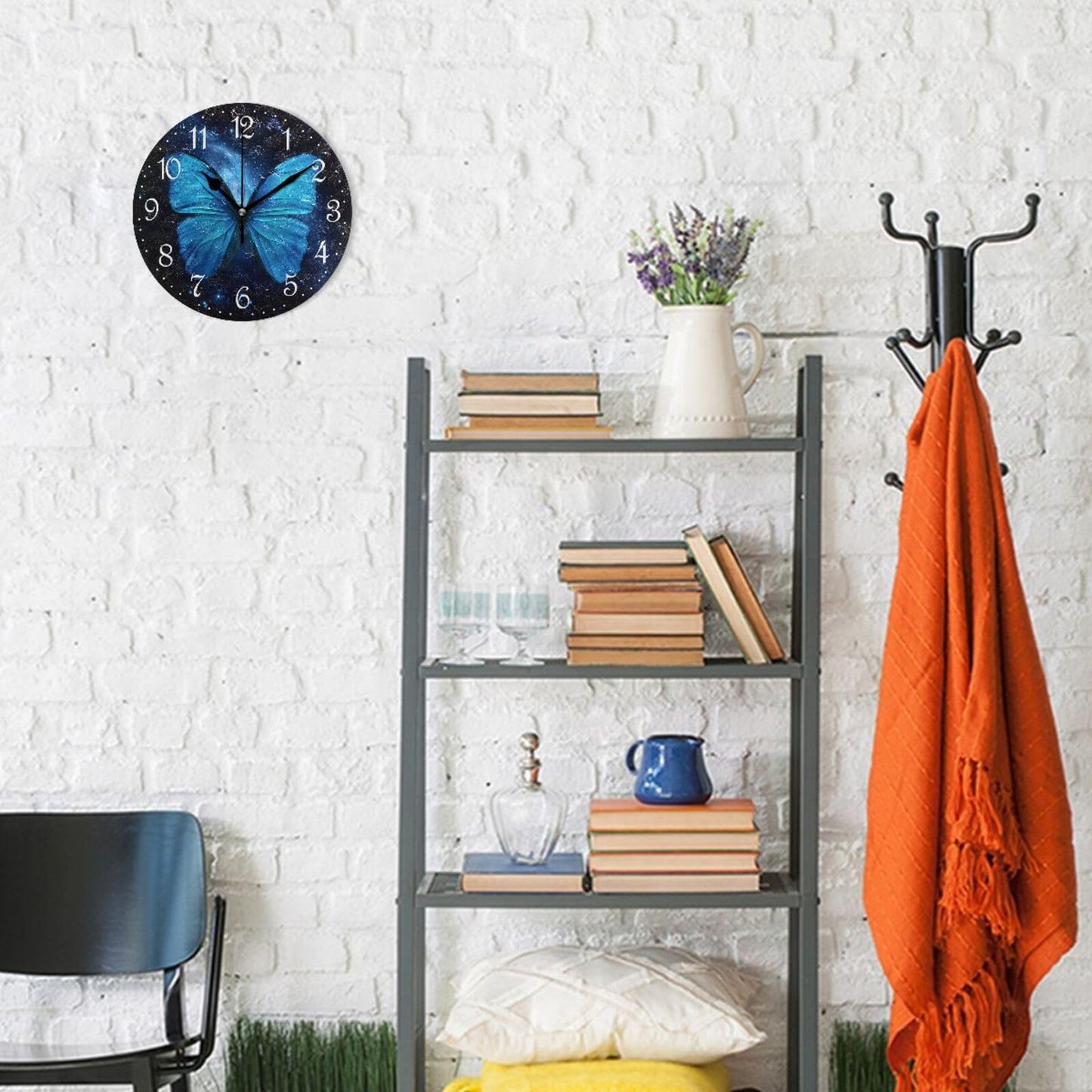 ALAZA Stylish 3D Blue Butterfly Round Wall Clock Battery Operated Quartz Galaxy Quiet Home Kitchen Decor Wall Clocks 10 Inch