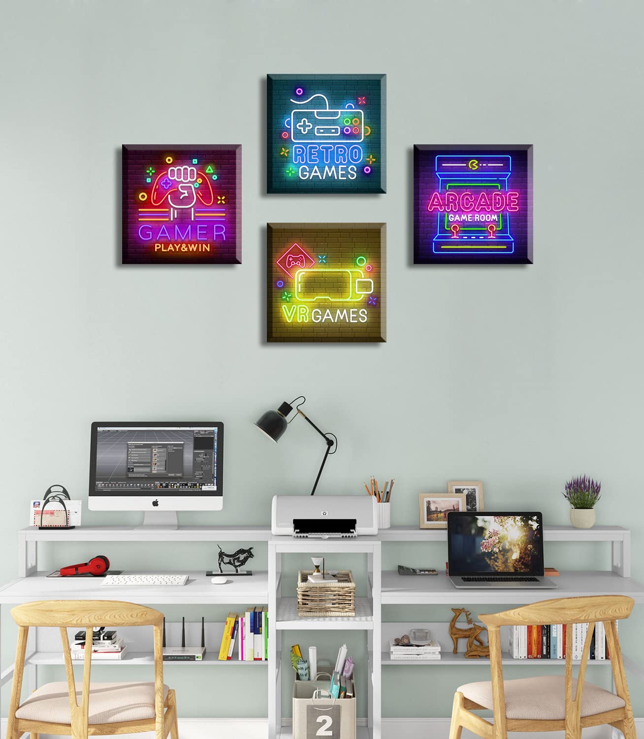 BLINFEIRU Game Room Decor Wall Art Video Gaming Pictures Canvas Prints 4 Piece Cool Pop Gaming Posters for Teen Room Boys Bedroom Framed Ready to Hang 12"x12"x4