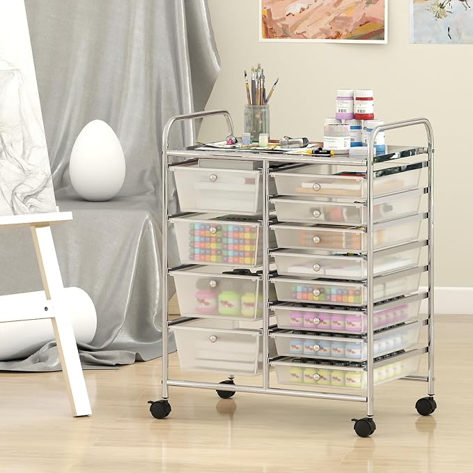 Giantex 12 Drawer Rolling Cart with Drawers, Storage Organizer Cart for Classroom Office School Teacher, Mobile Drawer Cart for Tools, Crafts, Small Printer, Clear