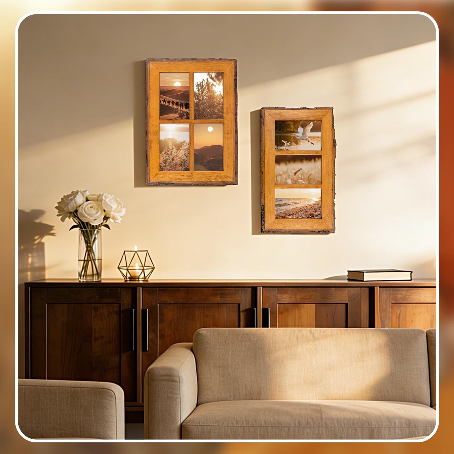 Golden State Art, 4x6 Collage Picture Frame - Solid Wood with Real Glass - Multi Picture Frame for (3) 4x6 Photos - Natural Bark Edges Design - Farmhouse Collage Wall Decor - Rustic Brown