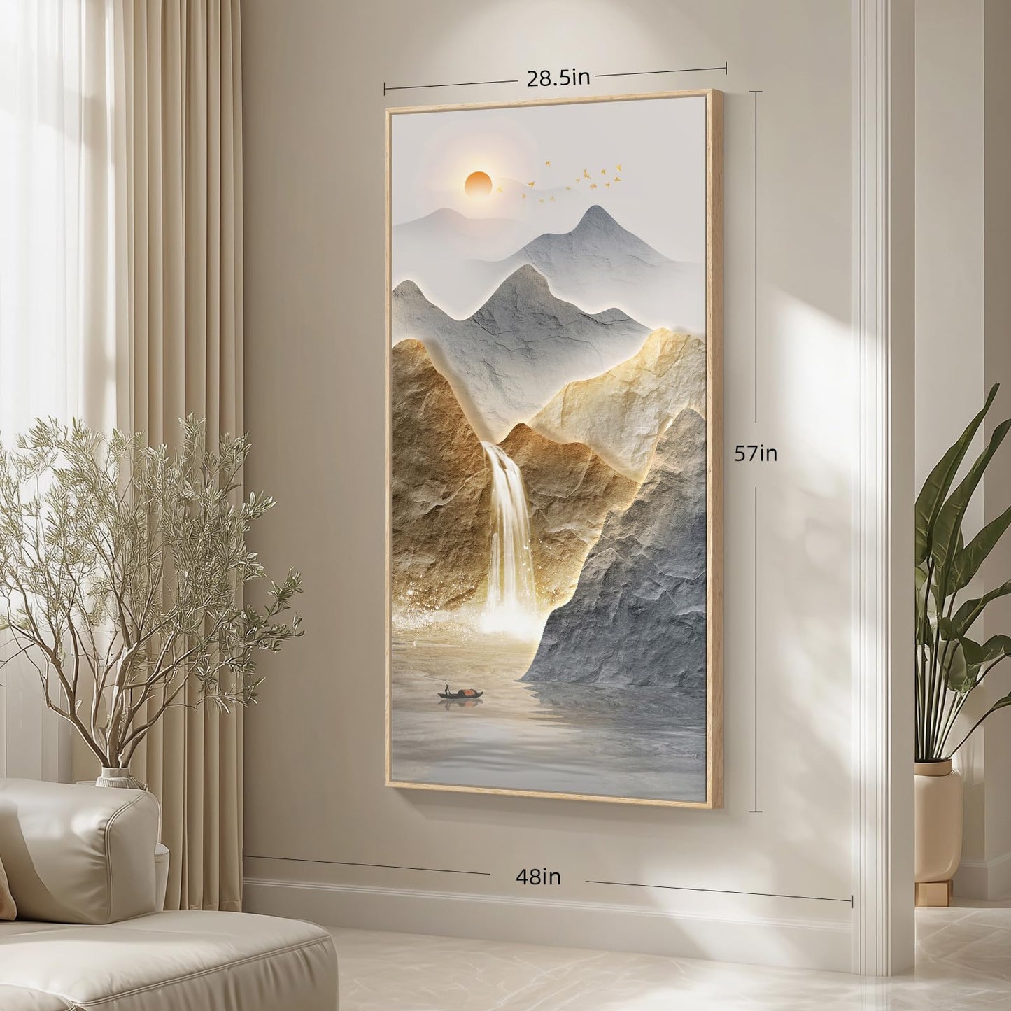 Framed Luxury Mountain Wall Art for Hallway, Extra Large Modern Landscape Canvas Artwork, Blue Gold Nature Sunrise Waterfall Painting Print for Living Room Entryway Home Office Wall Decor, 30x60 Inch