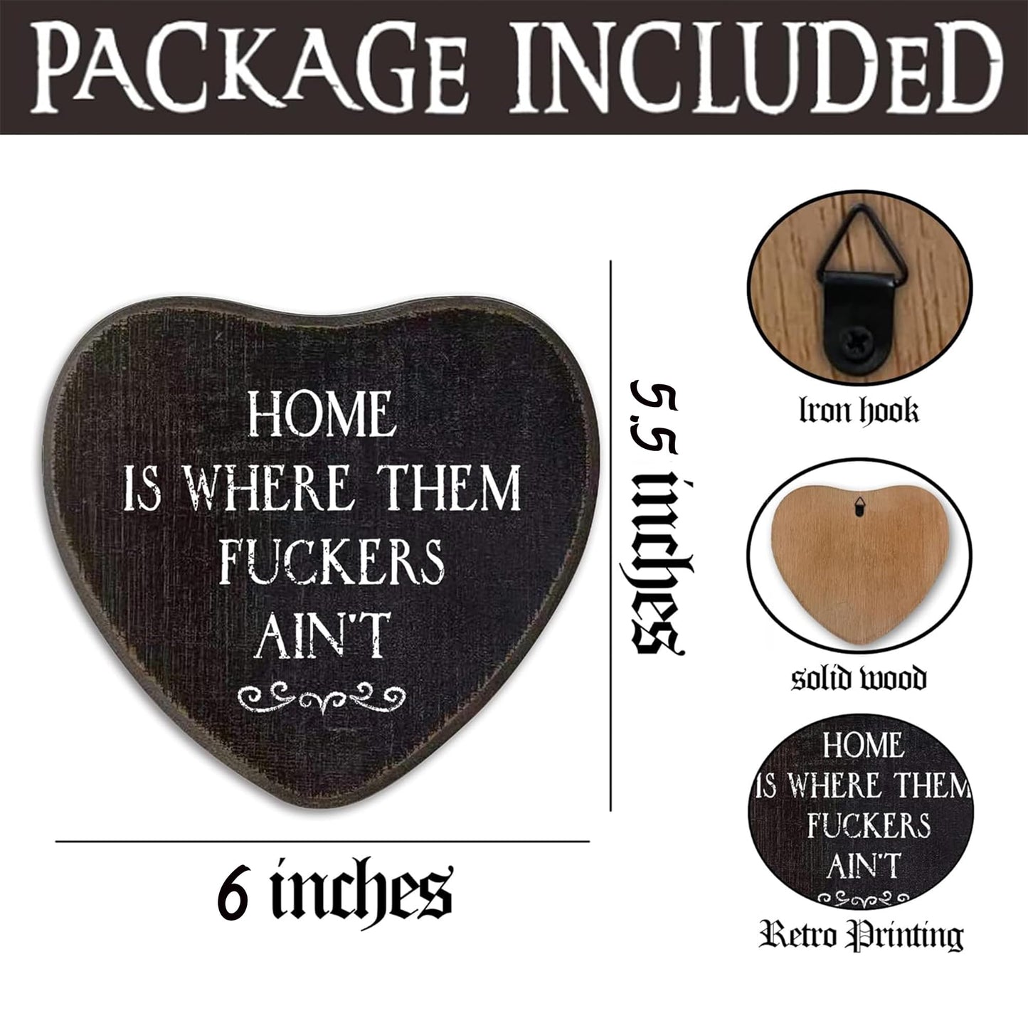 Funny Gothic Wall Decor - Home Is Where The Fuckers Ain't Black Wood Heart Wall Art Decor - Black Humor Goth Home Deco For Bedroom, Bathroom, Kitchen, Goth Gift For Women Men(6 X 5.5 Inch)-A01