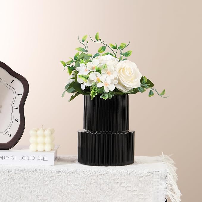 Ribbed Glass Vase, Flower Vase, Fluted Black Vases for Flowers, Modern Vases for Living Room, Dining Table, Entryway, Shelf, Wedding, Office, Coffee Table, Birthday, 7.5 Inches