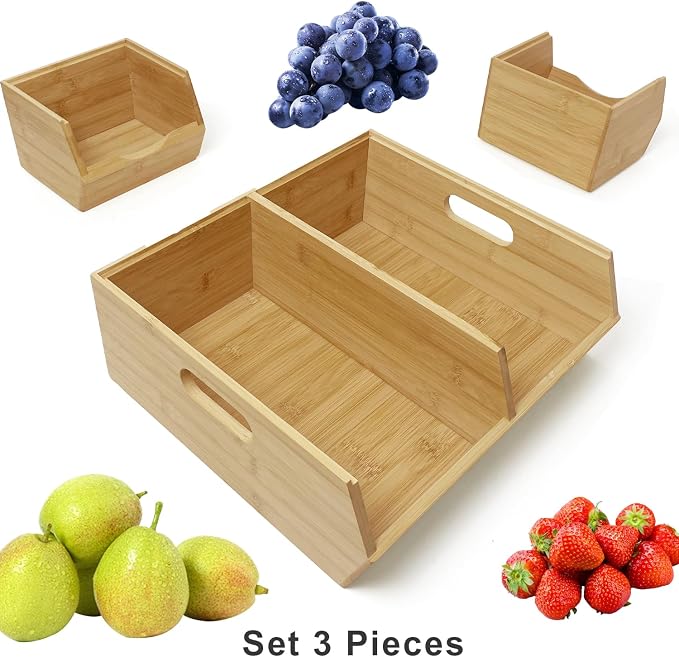 MinBoo Bamboo Stackable Pantry Storage Bins Potato and Onion Storage,Fruit Basket for Pantry Organization,Fruit Bowl for Kitchen Counter,Fruit and Vegetable Storage (Bamboo)
