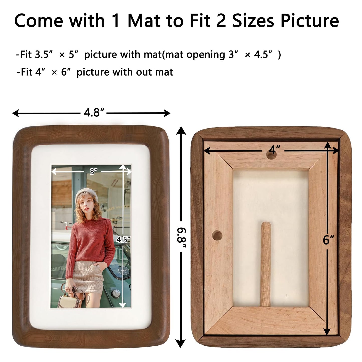 RRQKMBO 4x6 Picture Frame with Mat to 3.5x5, Natural Dark Walnut Wooden Handcrafted Frame Rounded Corner with Real Glass, Vertical or Horizontal Display for Photo Wall & Tabletop