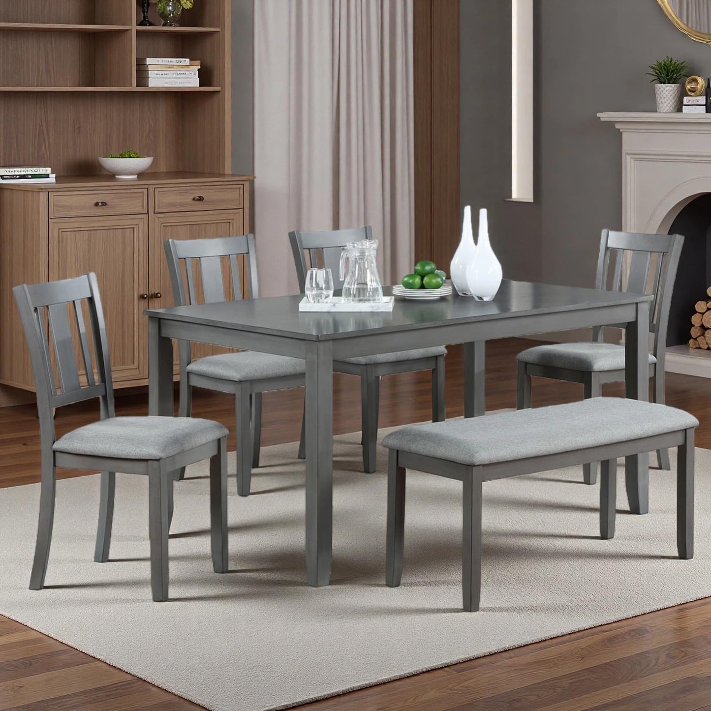 Trygoal Dining Table Set for 6, 6-Piece Kitchen Table Chairs Set with Rectangular Table, 4 Slatted Upholstered Chairs and Bench, Wooden Farmhouse Rustic Style Kitchen Dining Set for 6 Person, Gray