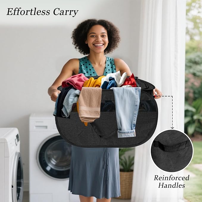 100L Extra Large Mesh Pop Up Laundry Hamper with Lid & Handles 2 Pack, XL Foldable Dirty Clothes Basket for Home Dorm Closet Storage, Portable Laundry Bin, Black. 2H