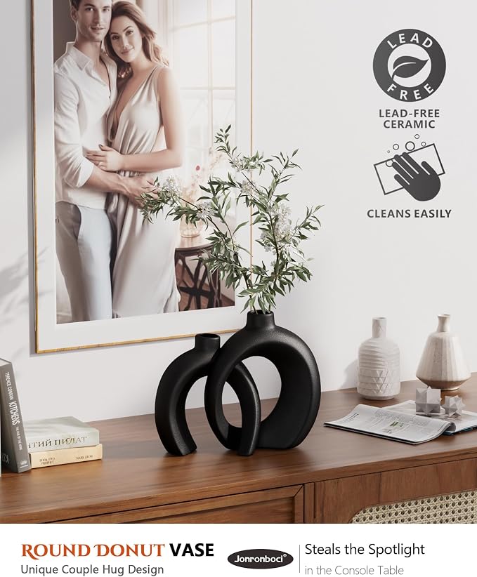 Round Donut Vase Set of 2 - Minimalist Nordic Modern Ceramic Decorative Black Vases For Home Office Book Shelf,Table Decor for Living Room,Coffee,Tv Stand Entry Console Mantle Decoration (Matte Black)