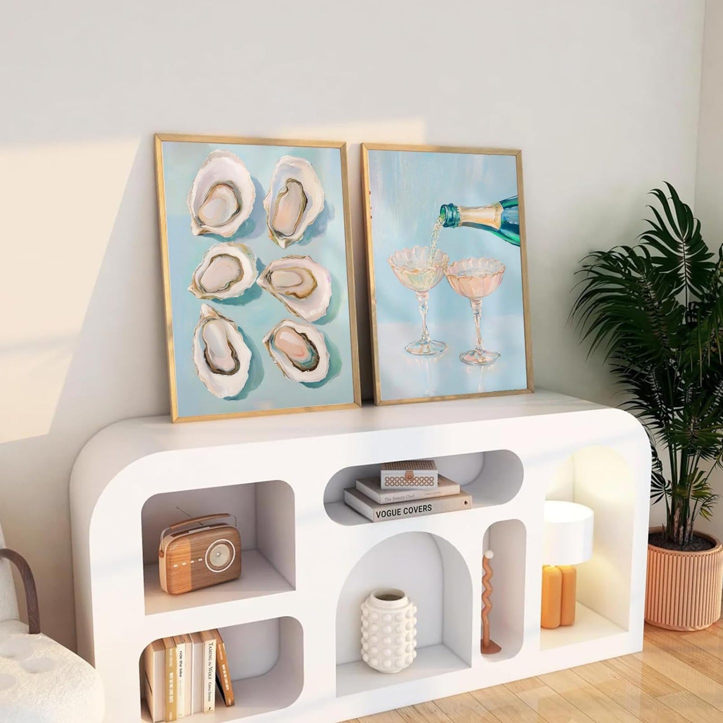 2Pcs Oyster Shell Wall Art Funky Bar Cart Cocktail Wall Decor Pictures Pastel Blue Wine Champagne Posters Print Girly Coastal Aesthetic Beach House Apartments Decoration Unframed 16x24in